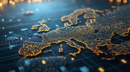 Fototapete - Detailed Nighttime Map of Europe with Glowing City Lights and Network Connectivity Representing Urban and Digital Connections, Generative AI