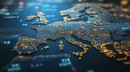 Fototapete - Detailed Nighttime Map of Europe with Glowing City Lights and Network Connectivity Representing Urban and Digital Connections, Generative AI