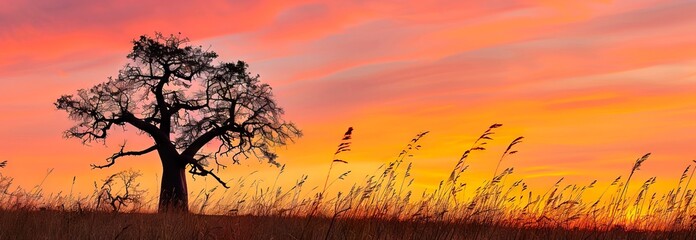 Tranquil savanna sunset with silhouetted baobab tree. Copy Space. Banner