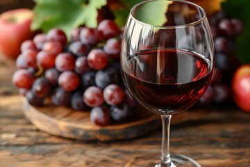 A glass of red wine alongside fresh red grapes on a rustic wooden table creating a warm and cozy autumnal wine tasting setting