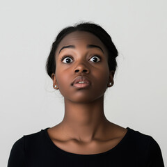 Black girl scared and shocked face expression, on white background