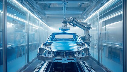 Wall Mural - industrial robot in an automobile factory painting a car blue in a paint chamber