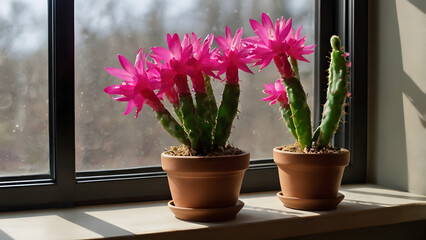 Wall Mural - christmas cactus blooming by the window (schlumbergera) generative ai