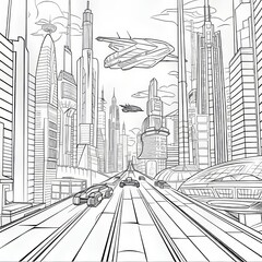 A futuristic city skyline with skyscrapers, flying cars, and a futuristic cityscape.