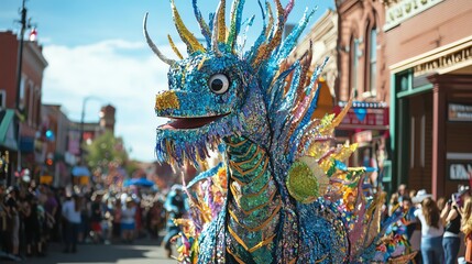 Colorful dragon costume in a vibrant parade, lively street scene with people celebrating under a bright, sunny sky.