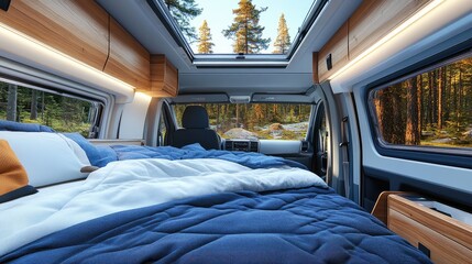 Aufkleber - A comfortable bed inside a van offers a beautiful view of lush green trees and foliage in a tranquil forest setting, illuminated by soft morning light