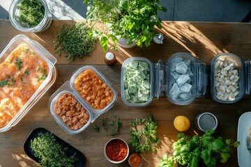 Aromatic Meal Prep with Herbs and Vibrant Ingredients on Wooden Table