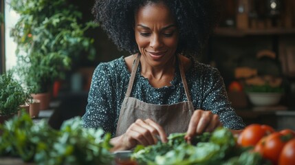 Joyful middle-aged Black woman cooking a healthy meal in a cozy kitchen with fresh ingredients