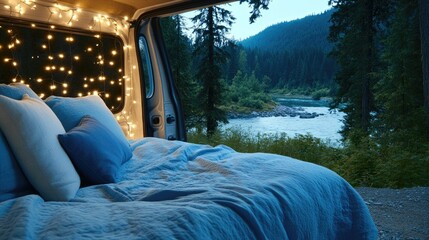 Aufkleber - A comfortable bed inside a van offers a beautiful view of lush green trees and foliage in a tranquil forest setting, illuminated by soft morning light
