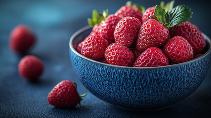 Bowl of Ripe Strawberries on a Blue Background