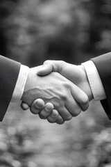 Two individuals shake hands in a vibrant outdoor area, symbolizing commitment and collaboration in a professional context