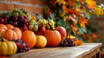 Autumn Harvest Display with Pumpkins and Grapes