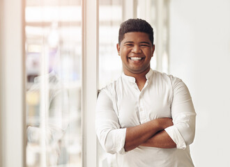 Canvas Print - Man, portrait and arms crossed in office, employee and proud project manager in Mexico. Male person, professional and leader of development in company mission, business commitment and ambition drive