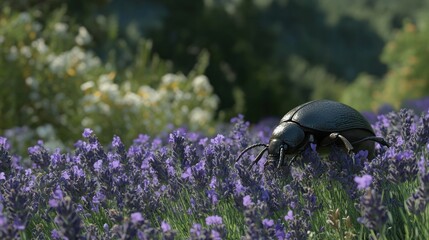 A black beetle crawls through a field of purple lavender flowers, with a blurred background of green trees and white flowers.