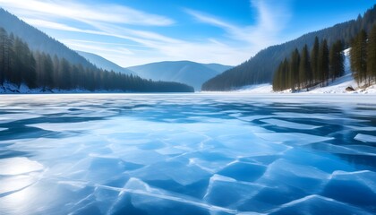 Frozen lake adorned with blue ice and intricate cracks beneath a clear winter sky, surrounded by pine-covered hills