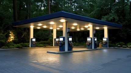 A gas station features glowing fuel pumps set against a backdrop of an evening sky and surrounding trees, highlighting urban convenience and accessibility at dusk