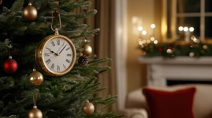 A vintage clock ornament beautifully decorates a Christmas tree, surrounded by glowing lights and golden baubles, capturing the spirit of the holiday season