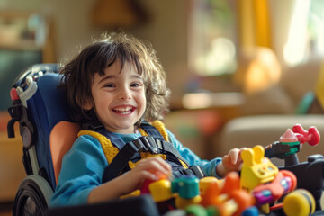 Joyful young boy in a wheelchair playing with colorful toys, captured in a warmly lit home setting, symbolizing inclusivity and happiness.