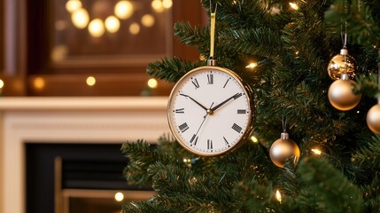 A vintage clock ornament beautifully decorates a Christmas tree, surrounded by glowing lights and golden baubles, capturing the spirit of the holiday season