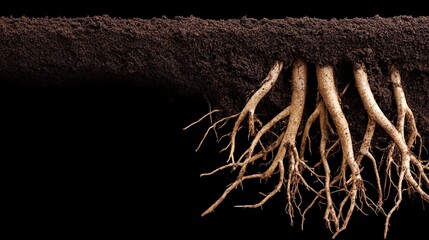 Close-up of tree roots emerging from the soil, showcasing a network of intricate branches.