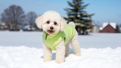 Adorable poodle in green jacket enjoying winter snow outdoors