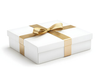 A white gift box with a gold ribbon and bow. The gift is ready for a special occasion.