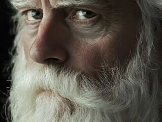 A close up of a man with white hair and beard