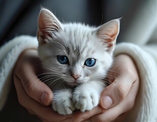 A small white kitten with blue eyes sits in the arms of its owner