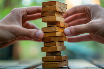 Two hands stacking wooden blocks, creating a tower.