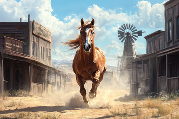 A horse running through an old town, cobblestone streets and historic buildings surround the energetic animal in full stride.