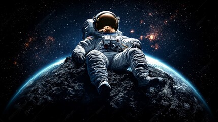 Wall Mural - A minimalistic stock photo of an astronaut floating in space, seated on a rocky surface with Earth in the background