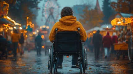 A wheelchair user enjoys the festive atmosphere at a lively country fair on a rainy evening