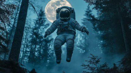 Wall Mural - An astronaut in a space suit floats above a forest floor under a large full moon