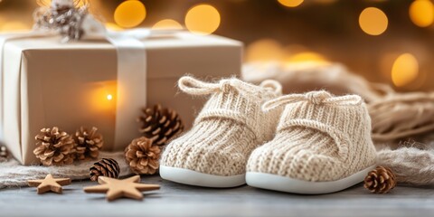 A cozy arrangement featuring knitted baby shoes, pine cones, wooden stars, and a gift box with a soft, blurred background of warm lights