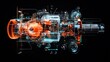 © Racelleo - An abstract, stylized representation of an engine, composed of gears, wires, and glowing blue and orange lights.