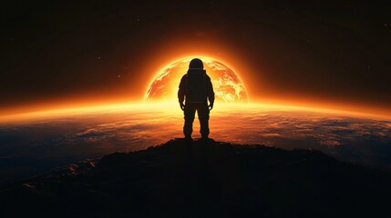 Wall Mural - A silhouetted astronaut stands on a rocky surface, gazing at a glowing sunrise over Earth from space