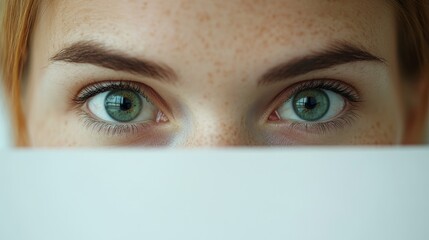 Poster - Close-up of a person's eyes with freckles, peeking over a white surface, showcasing vibrant green irises and long eyelashes