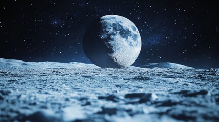 Wall Mural - A minimalistic representation of the moon hovering above a lunar landscape with a starry background