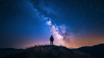 Wall Mural - A silhouette of an astronaut in a spacesuit standing on a hilltop, gazing at a vibrant night sky filled with stars and the Milky Way