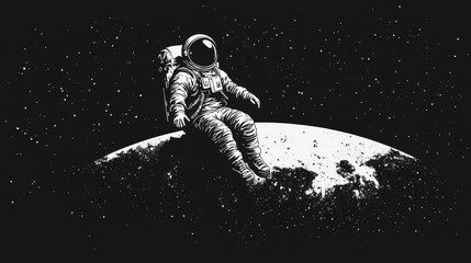 Wall Mural - An astronaut sitting on the surface of a celestial body, surrounded by stars in a dark space background