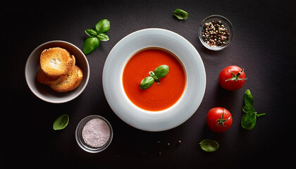 Creamy tomato soup. The tomato soup comes with a swirl of fresh cream in the middle of the table, covered with crispy croutons and a pinch of basil, a plate of fresh tomatoes