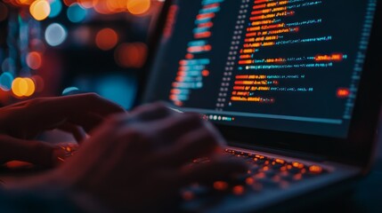 Close-up of a Programmer's Hands Typing Code on a Laptop in a Dark Environment