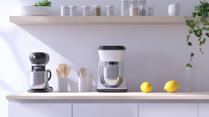 Morning Coffee Ritual: Two coffee makers sit on a minimalist kitchen counter, bathed in sunlight.  Fresh lemons and kitchen utensils add to the calming scene. 