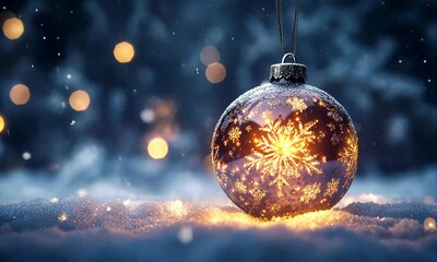 Wall Mural - A shimmering Christmas bauble made of glowing light patterns and sparkling snowflakes, floating in the air against a frosty, snowy backdrop