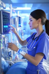 Nurse in uniform adjusting medical equipment in hospital setting, demonstrating healthcare technology and patient care professionalism.