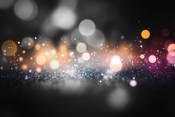 Fototapete - Dark background with bokeh lights and sparkles. Abstract glitter light effect. Design element for celebration, wedding, or party. Colors include black, white, gray, pink, purple, orange, and yellow.