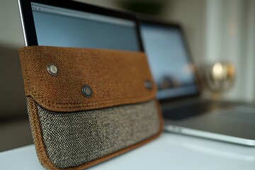 A stylish tablet case placed on a desk near a laptop, showcasing a modern workspace.