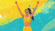 © charli - Joyful Olympic female athlete in a yellow sports outfit celebrating victory with arms raised  -