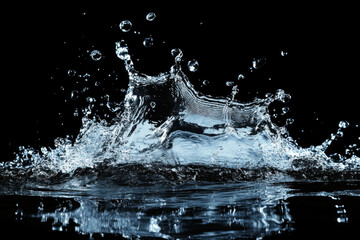 Water splash on black background: dynamic droplets frozen in mid-air, capturing the perfect moment of motion and beauty.