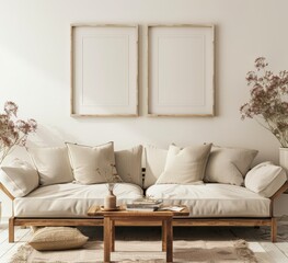 A modern living room interior with a beige sofa. wooden coffee table. and two empty picture frames The room is decorated in a minimalist style with a neutral color palette